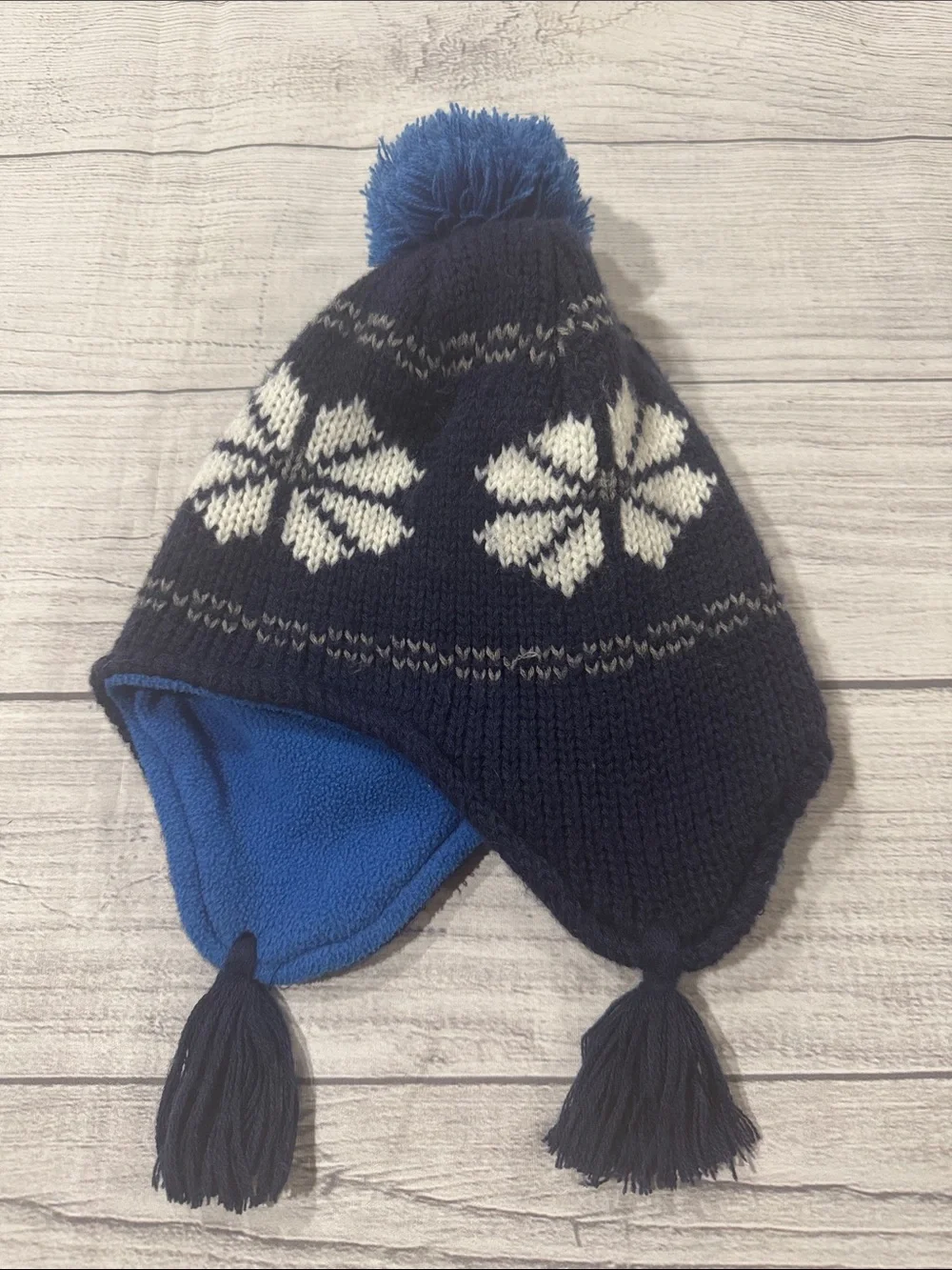 Carter's Toddler Boys Navy & White Snowflake Earflap Knit Hat with Blue Pom